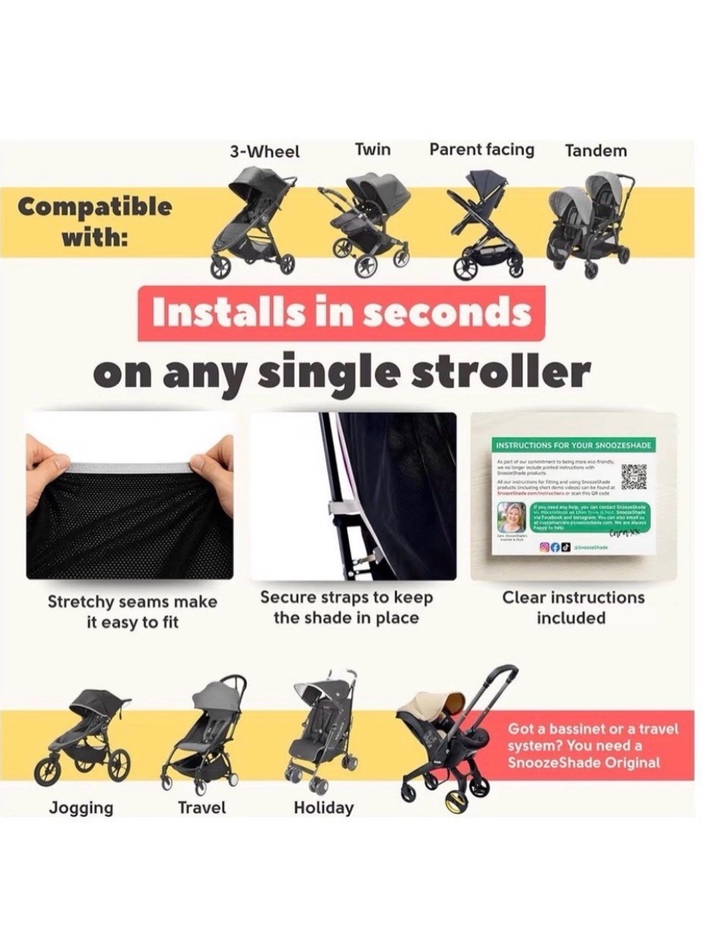 SNOOZESHADE Original Stroller Sun Shade Blackout Mesh 99% UV Protection Black - Picture 8 of 8